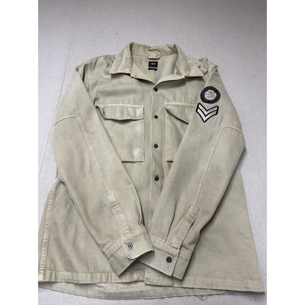 Zara Denim Jacket Military Insignia Patch Overshirt Beige XL Excellent